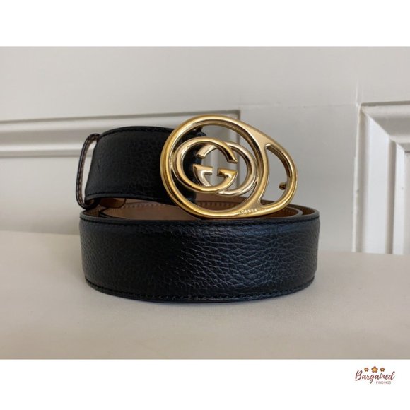 Authentic Gucci Black Pebbled Leather Gold Interlocking G Buckle Belt 80/32 main image 11